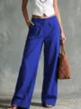 Detailansicht der einfarbigen Damen Leinenmischung mit hoher Taille und weitem Bein. - S / Blau