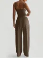 Women's brown spaghetti strap crop top and wide leg lounge pants set detail view. - S / Top And Bottom / Dark Gray