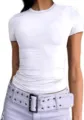 Detailansicht eines weißen Slim-Fit Kurzarm-Tops mit klassischem Rundhalsausschnitt. - S / Weiß