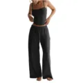 Women casual lounge set sleeveless tank top and comfortable wide leg long pants daily wear - L / Top And Bottom / Black