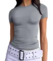 Detail view of a slim-fit solid grey short sleeve t-shirt, modern round neck casual top. - S / Light Gray