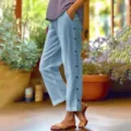Hellblaue Baumwoll-Leinen-Hose mit Seitenknöpfen, hoher Bund, bequeme Freizeithose. - S / Khaki