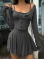 Conjunto de dos piezas gris oscuro con cárdigan de manga larga y vestido de tirantes. - S / Conjuntos / Negro