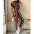 Lässiger gestreifter Kurzarm Revers Knopf Utility Jumpsuit mit Gürtel für Damen Sommer Mode. - Bunte Streifen