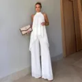 Completo bianco donna con top smanicato collo halter e pantaloni larghi moda estiva casual - XS / Set / Bianco
