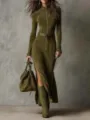 Elegant olive green suede long dress with stand collar, front zipper and high slit. - XS / Green - with Belt