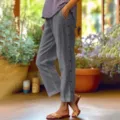 Bequeme Damen Baumwolle Leinen 7/8 Hose, hohe Taille lose Freizeithose mit Seitenknöpfen. - S / Dunkelgrau