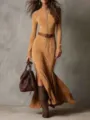 Elegant long sleeve stand collar zipper maxi dress with belt for women autumn fashion style - XS / Light Yellow - with Belt