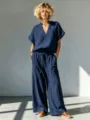 Sommer Leinen-Mix lässiges V-Ausschnitt Kurzarm-Oberteil und Weite-Hose Set Damen. - S / Oberteil und Hose / Marineblau
