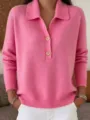 Rosa Strick Polopullover Detail mit Kragen und Knopfverschluss für Damen Freizeitkleidung - S / Fuchsia