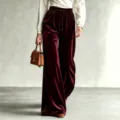 Damen Samt Weite Beine Hosen Hohe Taille Freizeit Tunnelzug Winter Burgund Kleidung - XS / Unterteile / Burgunderrot
