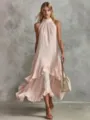 Elegantes Sommer Ärmelloses Halfter Stufen Rüschen Langes Maxikleid Strandkleid. - S / Kleider / Rosa