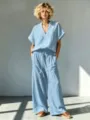 Modischer Sommer Freizeit Leinen V-Ausschnitt Kurzarm Hemd und weite Hose Set Damen - Himmelblau