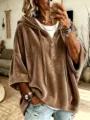 Women's Solid Color Velvet Casual Half Sleeve Hooded Top Spring Autumn Fashion Chic Tee - Coffee