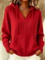 Red knit hoodie detail shot, V-neck long sleeve pullover with kangaroo pocket and drawstring. - S / Red