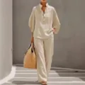 Casual linnen blouse en broek set voor dames, effen losse tweedelige outfit voor dagelijks gebruik. - S / Top en Broek / Abrikoos