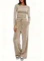 Damen Khaki Velours Trainingsanzug Langarm Oberteil Hohe Taille Weite Hose Lounge Set - XS / Oberteil und Hose / Khaki