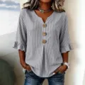 Mujer a rayas cuello en V volante media manga blusa casual verano camisa top moda - S / Negro