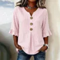 Mujer cuello V a rayas botón volants media manga blusa casual verano top camisa - S / Rosa