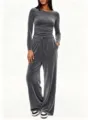 Damen Samt Loungewear Set Langarm Oberteil und High Waist Weitbein Hose Freizeitanzug - XS / Oberteil und Hose / Dunkelgrau