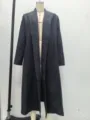 Women long black wool trench coat casual oversized outerwear detail view for autumn winter - S / As Pictured
