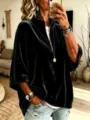 Damen Samt Oberteil 3/4 Arm Stehkragen Reißverschluss lose Freizeit Herbst Winter weiches Shirt - S / Oberteile / Schwarz