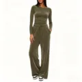Damen Samt Trainingsanzug Einfarbig Langarm Top Hohe Taille Weite Hose Set Freizeit - XS / Oberteil und Hose / Armeegrün