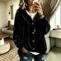 Schwarzer Samt Kapuzen Cardigan für Damen, lässige Langarm Knopf Oberbekleidung. - S / Oberteile / Schwarz