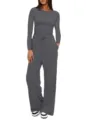 Dunkelgraues einfarbiges Langarm-Top und High-Waist-Weitbein-Freizeithose Loungewear-Set. - XS / Oberteil und Hose / Grau