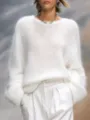 Women white fuzzy crewneck loose long sleeve sweater top elegant autumn winter casual apparel - XS / White