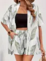 Chickes Urlaubs-Druck-Zweiteiler mit Kurzarm-Cardigan und hochgeschnittener Shorts für Damen. - Muster 9