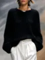 Women black fuzzy crewneck sweater, elegant loose long sleeve knitted top for autumn winter. - XS / Black