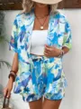 Tropischer Blumenprint Zweiteiler Set Kurzarm Bluse und High Waist Shorts fuer Urlaub - S / Set / Muster 12