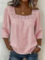 Sommer lässiges einfarbiges quadratischer Ausschnitt Spitzen-Patchwork 3/4-Arm Leinen Oberteil - S / Rosa