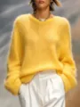 Elegant solid crewneck fuzzy loose sweater for women, perfect for cozy autumn and winter daily wear. - XS / Yellow