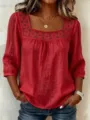 Women's summer solid color square neck lace splice 3/4 sleeve casual cotton linen blouse top. - S / Red