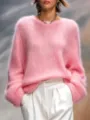 Pink fuzzy crewneck sweater women long sleeve casual autumn winter soft warm knit top apparel - Pink