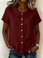 Women short sleeve solid color blouse Peter Pan collar casual cotton linen shirt detail - Burgundy