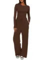 Solid brown long sleeve top and high waist wide leg pants lounge set for women casual wear. - 3XL / Top And Bottom / Coffee