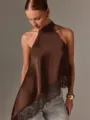 Satin Haltertop mit Spitzensaum, asymmetrischer Schnitt, elegantes ärmelloses Design. - Kaffeebraun