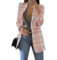 Women's pink plaid casual blazer jacket, stylish long sleeve lapel open front outerwear detail view. - S / Pink