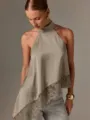 Elegantes Damen Sommer ärmelloses Satin Halter Top mit asymmetrischem Spitzenbesatz. - XS / Oberteile / Hellgrau