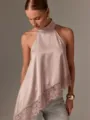 Chikettes Satin Haltertop mit edlem Spitzensaum, elegante ärmellose Sommerbluse Damen. - Rosa