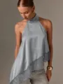 Sommer Damen ärmelloses Satin Halter Top mit Spitzensaum graue elegante Bluse Top - Hellblau