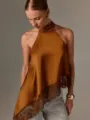 Satin Halfter Top braun, ärmellose asymmetrische Spitzenbluse für Damen, elegante Sommerkleidung - Braun