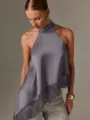 Satin Haltertop Damen Sommer ärmellos asymmetrischer Spitzen Saum Bluse grau blau chic stil - Hellviolett