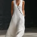 Women Summer Casual V-Neck Sleeveless White Jumpsuit with Button Decor Loose Maxi Dress - S / White
