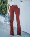 High waist corduroy flare pants for women, slim fit casual trousers with retro solid color design. - S / Brick Red