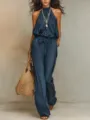 Sleeveless halter neck wide leg jumpsuit, bohemian style tied waist long pants for women. - S / Navy Blue