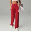 Pantaloni donna vita alta gamba larga rossi casual con dettaglio piega centrale. - Taglia S / Rosso